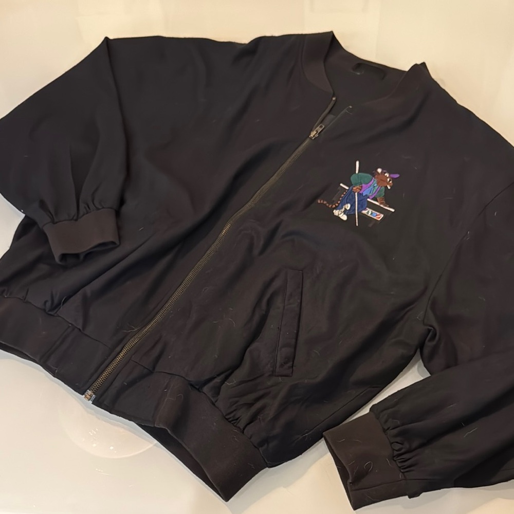 Black Silk Bomber Jacket with Embroidered Billiards Design - size XL